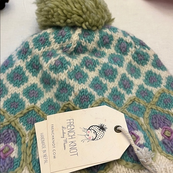 French Knot Vintage Chalet Colorful Knit Beanie with Pom Pom New with Tags
